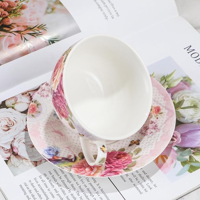 ONEUSTAR Tea for One Set Ceramic Floral Teapot and Cup Saucer Set for Women Mother's Day Birthday Gift in Reusable Handmade Gift Box, Pink