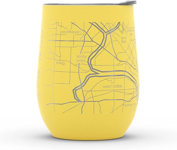 Well Told Engraved Dallas Texas Map Insulated Wine Tumbler, Etched Stainless Steel Cup (12 oz, Sunrise Yellow) City Map Insulated Tumbler, Custom Insulated Tumbler, Outdoor Drinkware