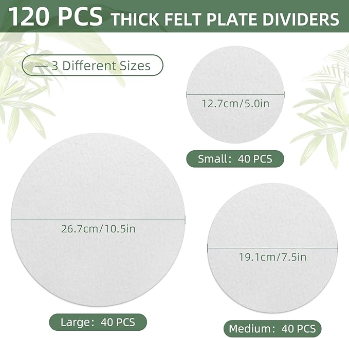 120Pcs Plate Separators Storage, Soft Felt Plate Dividers, Round Dish Storage Protectors Pads with 3 Different Size (White)