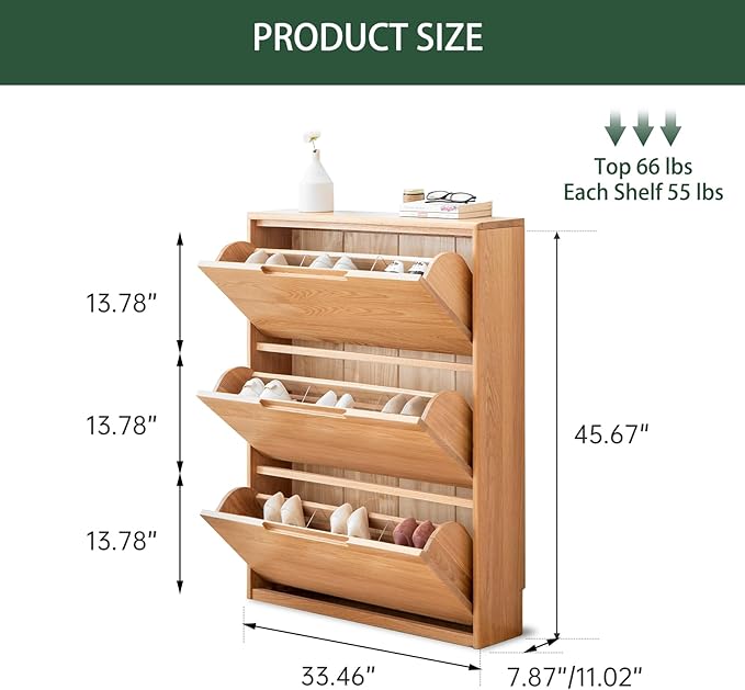 Oak Shoe Cabinet with 3 Flip Drawers, Solid Wood Shoe Storage Cabinet, Narrow Shoe Organizer for Entryway, 7.9" x 33.5" x 45.7", Oak Wood, Natural