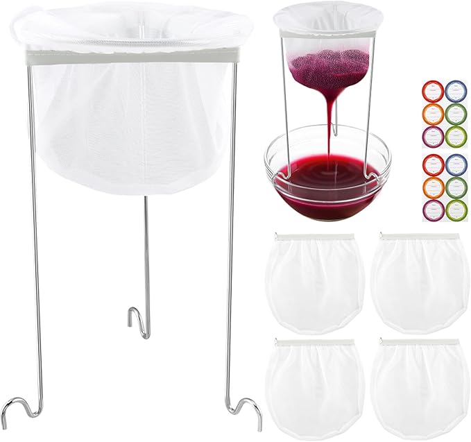 Jelly & Juice Strainer Kit: 3 Stable Stands, 5 Durable Mesh Bags & 12 Labels | Pulp-Free Canning & Nut Milk – Quick Straining for Home Cooks & Enthusiasts