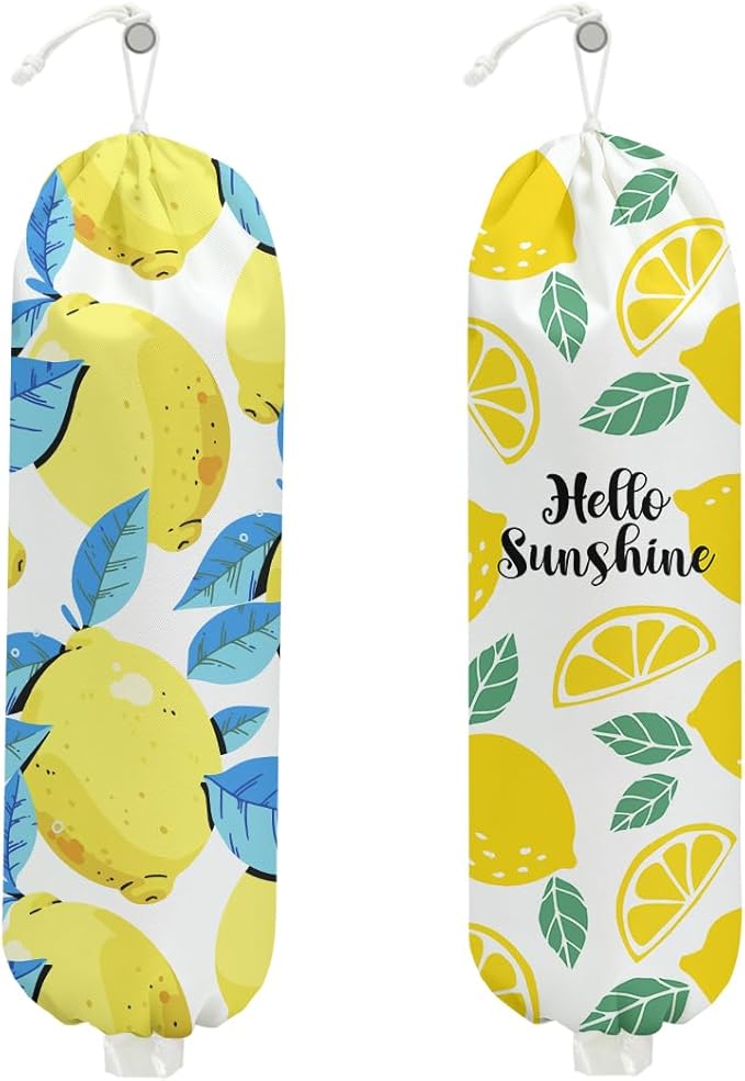 2PCS Lemon Plastic Bag Holder, Wall Mount Grocery Bag Holder for Plastic Storage bag, Lemon Storage Organizer Reusable Grocery Bags, Pull Rope Free Adjustment, Gifts for Women Mom Grandma