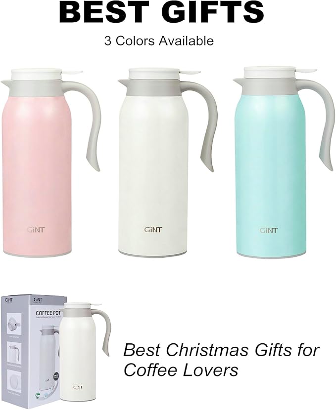 GiNT 51 Oz Stainless Steel Thermal Coffee Carafe, Double Walled Vacuum Insulated Flask, 12 Hour Heat Retention, 1.5 Liter Tea, Water, and Coffee Dispenser (Upgraded version White)