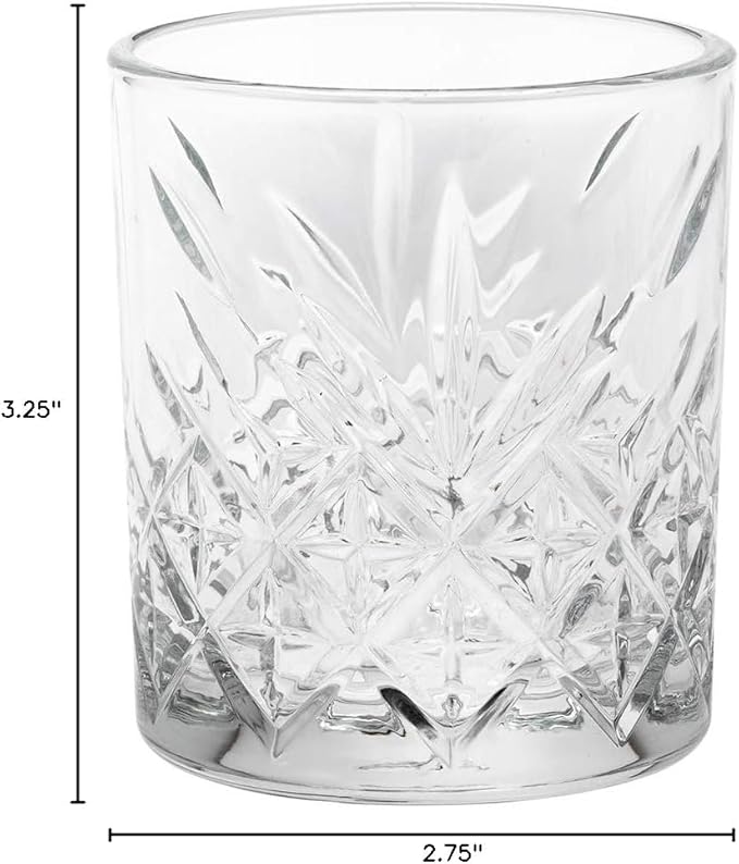 Restaurantware Timeless 7 Ounce Rocks Glasses 12 Rolled Rim Crystal Old Fashioned Glasses - Etched Design Made From Lead-Free Glass Clear Glass Crystal Cut Glasses Dishwashable