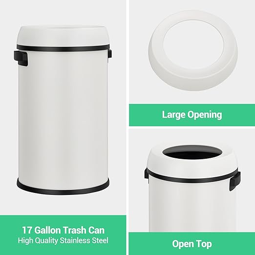Garvee 17 gal/65 L Trash Can, Fingerprint-Proof Stainless Steel Open Top Garbage Can, Heavy Duty Commercial Round Trash Bin for Restaurant, Home, Office,White