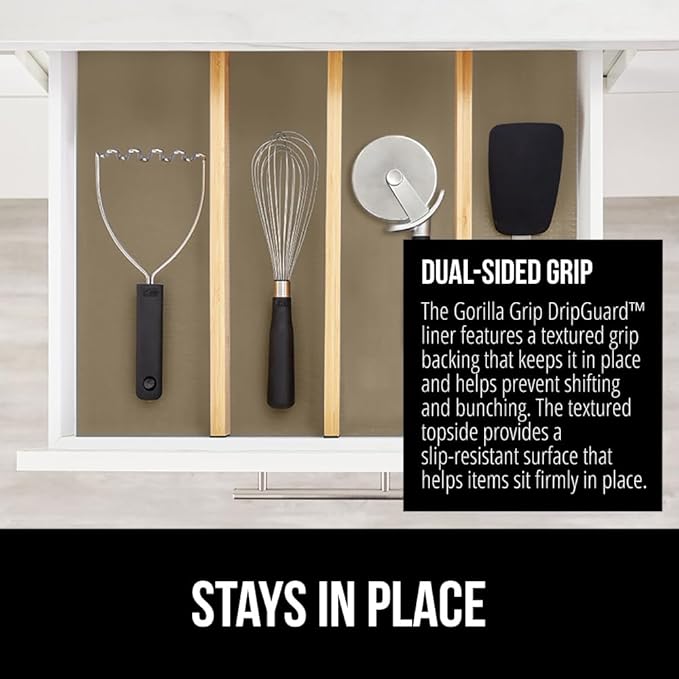 GORILLA GRIP DripGuard Shelf Liner, Non Adhesive Drawer and Kitchen Cabinet Protector, Slip Resistant BPA Free Smooth Surface Plastic Liners for Cabinets, Bathrooms, Closets, 12x120 Inch, Beige