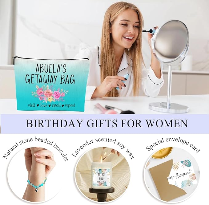 Abuela Grandma Gifts,Grandma Birthday Gifts, Funny Wedding Appreciation Gift for Women Grandmother Grammy Christmas Mothers Day Wine Tumbler Makeup Bag Bracelet Scented Candle Set with Gift Box