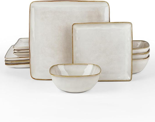 Famiware Dinnerware Sets for 4, Ocean Square 12-Piece Kitchen Plates and Bowls Sets, Reactive Glaze, Microwave and Dishwasher Safe, Scratch Resistant, Cappuccino White