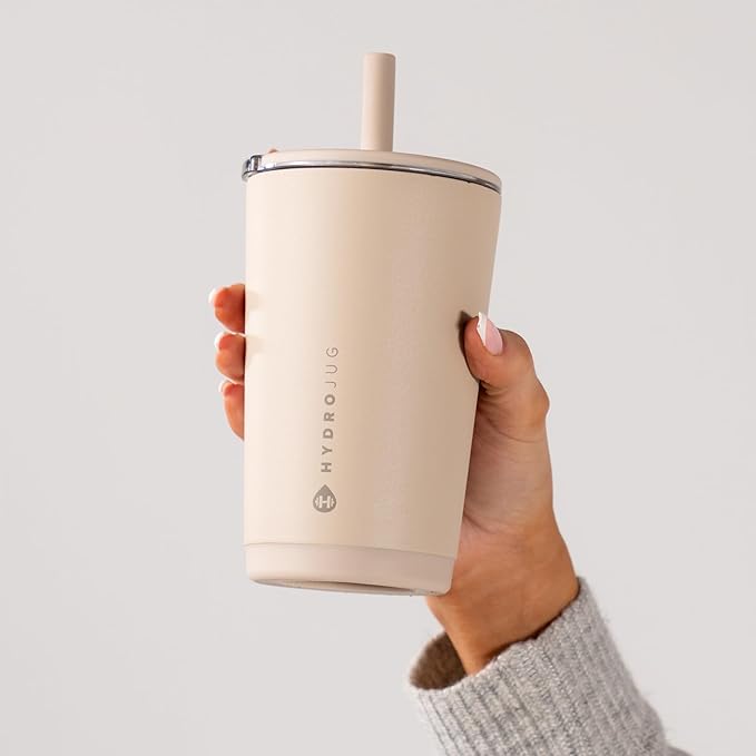 HydroJug Everyday Tumbler 14 oz – Ceramic-Lined Insulated Tumbler with Straw and Soft-Touch Lid, Cup Holder Friendly, Double-Wall Vacuum Insulation, Reusable Travel Cup – Dune