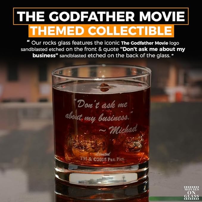 Official Godfather Etched Whiskey Glass - with Logo & Quote ''Leave the gun. Take the cannoli'' - Premium Quality, Handcrafted Glassware, 11 oz. Perfect Collectible Rocks Glass