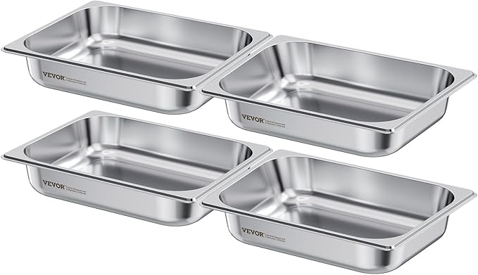 VEVOR 4 Pack Stainless Steam Hotel Pan, 1/2 Size Table Steam Pan, 2.5 Inch Deep Anti Jam Restaurant Supplies Reusable Rustproof Catering Storage for Home, Party, Restaurant, Hotel, Buffet