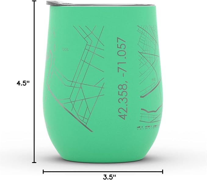 Well Told Engraved Boston Massachusetts Map Insulated Wine Tumbler, Etched Stainless Steel Cup (12 oz, Sunday Green) City Map Insulated Tumbler, Custom Insulated Tumbler, Outdoor Drinkware