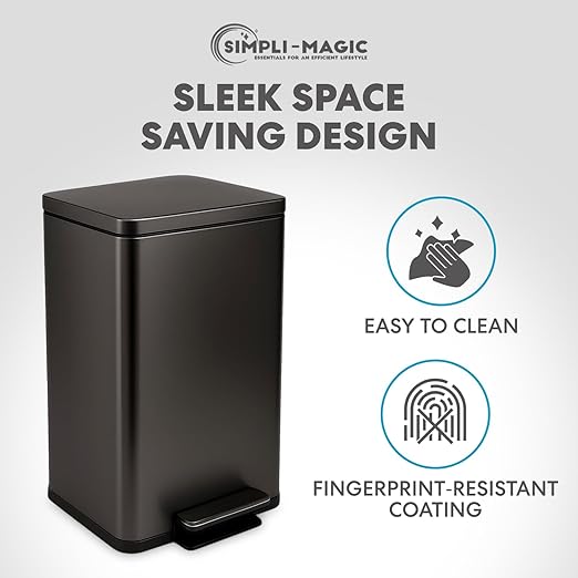 SIMPLI-Magic 13.2 Gallon (50L) Step Trash Can – Kitchen Garbage Can with Slow-Close Lid – Odor Control, Hands-Free, Easy to Clean, Brushed Stainless Steel