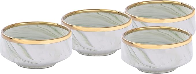 16 Piece Plates and Bowls Sets, Fine China Artisan Marbled Dinner Set for 4, Dishwahser Safe, Scratch Resistant, Green with Gold Line