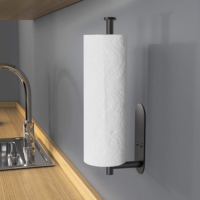 VAEHOLD Adhesive Paper Towel Holder Under Cabinet Wall Mount for Kitchen Paper Towel, Black Paper Towel Roll Holder Stick to Wall, Stainless Steel（Black）
