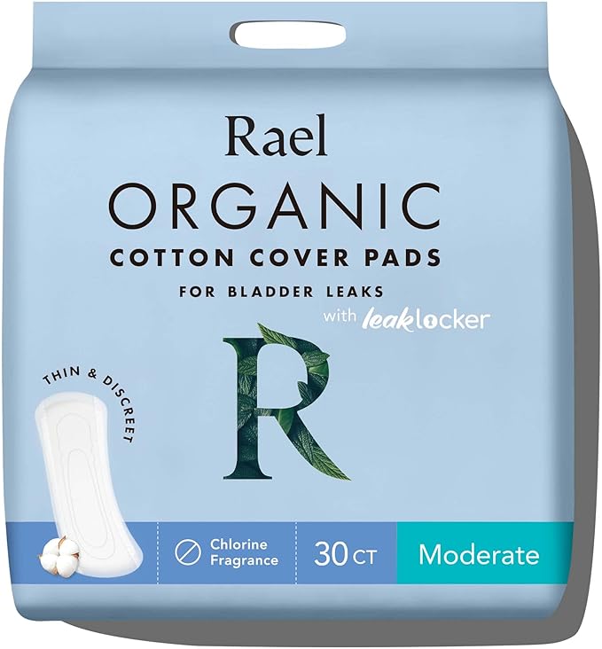 Rael Incontinence Pads for Women, Organic Cotton Cover, Postpartum Essential, Heavy Absorbency, Bladder Control, 4-Layer Core with Leak Guard Technology, Long Length (Moderate, 30 Count)