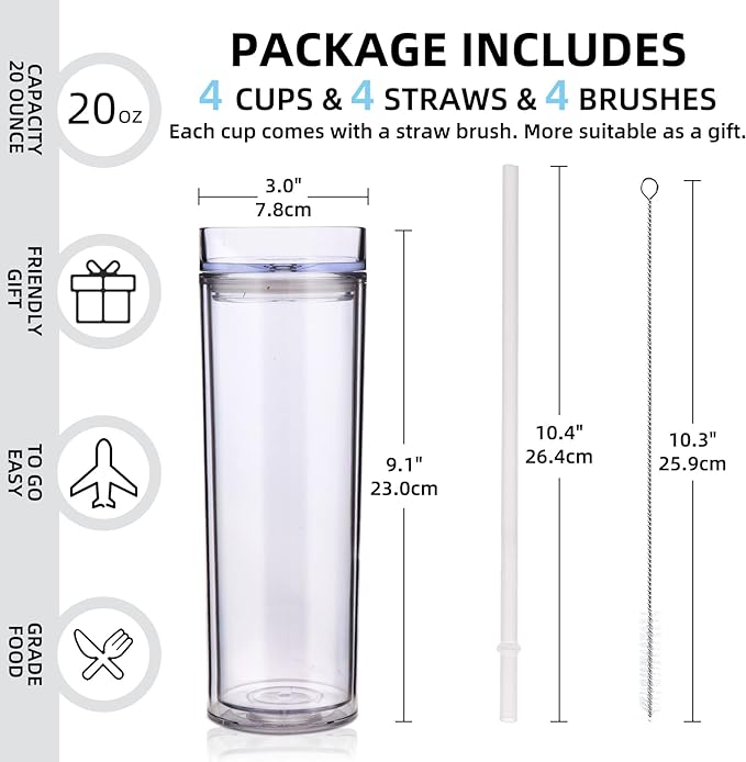 Volhoply 20oz Plastic Skinny Tumblers Bulk 4 Pack,Double Wall Tumbler with Lid and Straw,Reusable Travel Iced Coffee Mug,BPA Free Matte Acrylic Water Cups With Straw for Parties,DIY Gifts(Clear,4 Set)