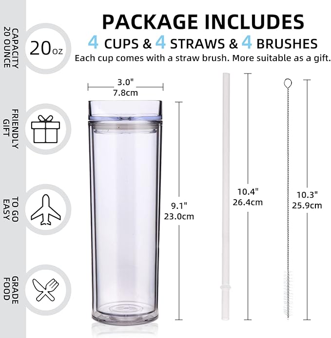 Volhoply 20oz Tumbler with Lid and Straw 8 Pack,Double Wall Plastic Skinny Tumblers Bulk,Reusable Travel Cute Coffee Mug,BPA Free Matte Acrylic Water Cups With Straw for Party,DIY Gifts(Clear,8 Set)