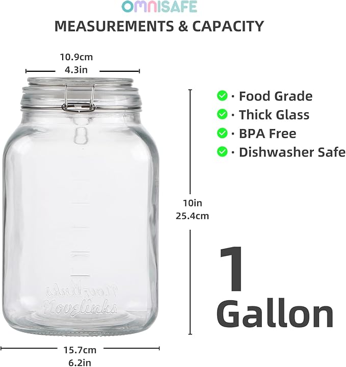 2 Pack 1 Gallon Glass Mason Jars, Super Wide Mouth Heavy Duty Jar with Airtight Lid, Large Capacity Glass Container with Silicone Gasket-Extra Tag for Kitchen (Glass Lid)