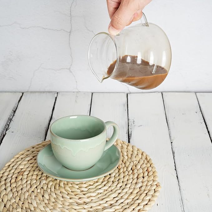 Bosmarlin Ceramic Cappuccino Cup and Saucer Set of 2, 10 Oz, Coffee Cups for Latte, Espresso, Tea, Dishwasher and Microwave Safe, Reavtive Glaze (Green)