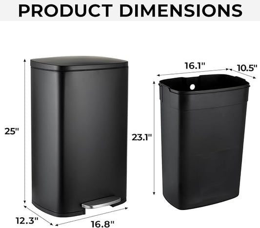13.2 Gal Kitchen Trash Can, 50L Recycling or Garbage Bin, Brushed Stainless Steel Waste Basket, Soft&Quiet Close Dustbin, with Step-On Pedal, Removable Inner Bucket, for Home, Office, Living Room