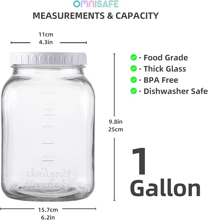 2 Pack 1 Gallon Glass Mason Jars, Super Wide Mouth Heavy Duty Jar with Airtight Lid, Large Capacity Glass Container with Silicone Gasket-Extra Tag for Kitchen (Plastic Lid)
