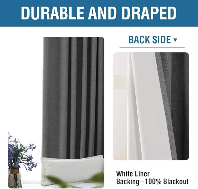 H.VERSAILTEX 100% Blackout Curtains for Bedroom 108 Inches Long Grommet Linen Face Full Light Blocking Curtain Drapes for Living Room Thermal Linen Look Curtains 2 Panels Set, 52" W x 108" L, Grey