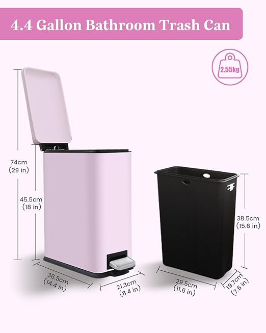 16.7L/ 4.4 Gallon Rectangular Slim Kitchen Trash Can with Removable Inner Bucket, Soft Close lid, Stainless Steel Step Pedal Garbage Can for Bathroom, Kitchen, Home Office, Pink