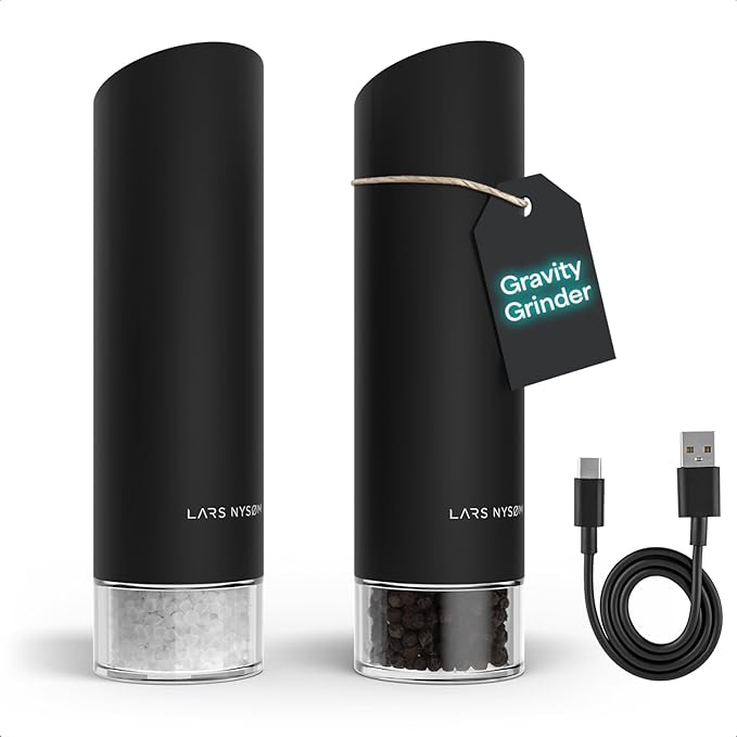 LARS NYSØM Gravity Grinder - Electric Salt & Pepper Grinder Set - USB-C Rechargeable Automatic Spice Grinder, Adjustable Coarseness, One-Handed Operation for Kitchen (Carbon Black)
