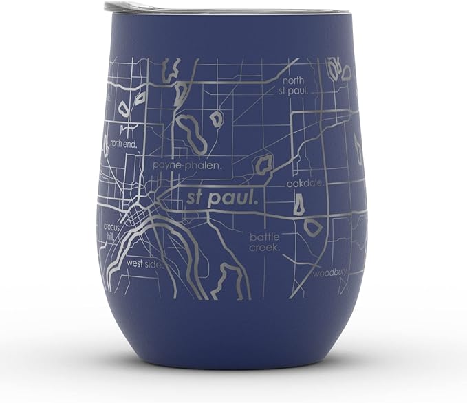 Well Told Engraved Minneapolis Minnesota Map Insulated Wine Tumbler, Etched Stainless Steel Cup (12 oz, Midnight Blue) City Map Insulated Tumbler, Custom Insulated Tumbler, Outdoor Drinkware