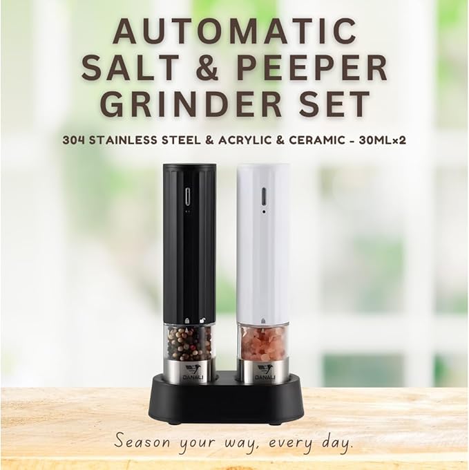 Electric Automatic Salt and Pepper, Rechargeable Grinder Mill, LED Light, One-Hand Operation, Adjustable Coarseness, USB-C Charging, ABS & Stainless Steel, Stand Included.
