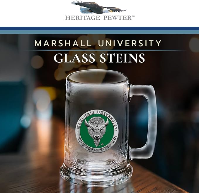 Heritage Pewter Marshall University Beer Stein Glass | 15 Ounce German-Style Beer Glass | Intricately Crafted Metal Pewter Alma Mater Inlay