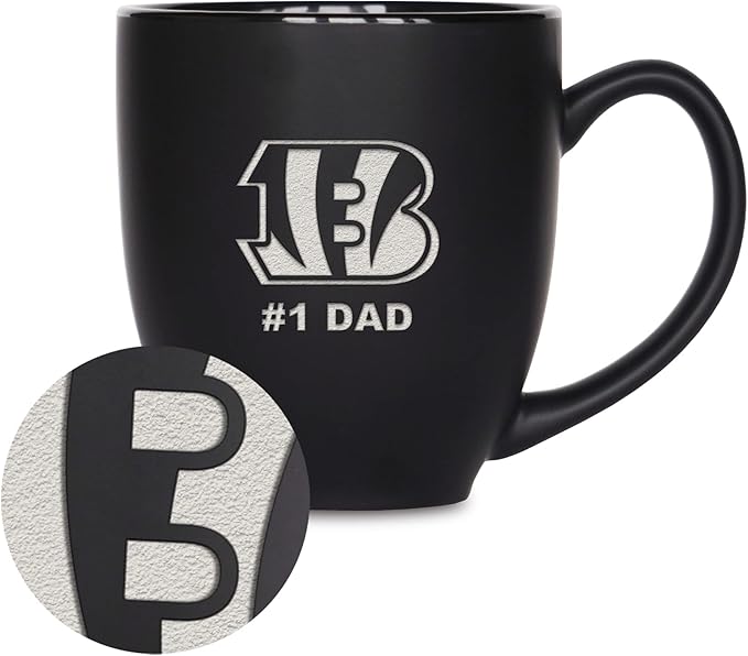 Rico Industries NFL Football #1 Dad 15oz Laser Engraved Matte Black Ceramic Bistro Mug - for Hot or Cold Drinks