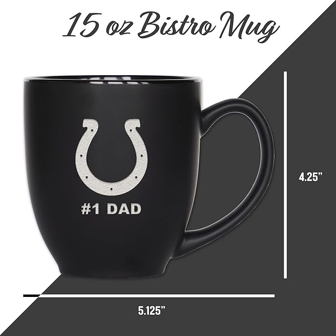 Rico Industries NFL Football #1 Dad 15oz Laser Engraved Matte Black Ceramic Bistro Mug - for Hot or Cold Drinks