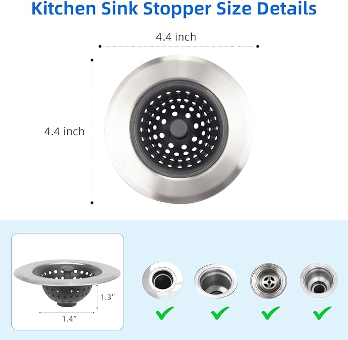 Kitchen Set of 2 Sink Strainers, Flexible Silicone Good Grip Kitchen Sink Drainers, Traps Food Debris and Prevents Clogs, Large Wide 4.5’ Diameter Rim (Silver Black)