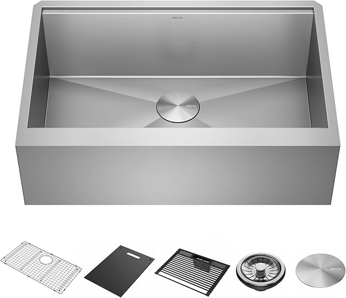DELTA FAUCET Rivet 33-inch Workstation Farmhouse Apron Front Kitchen Sink Undermount 16 Gauge Stainless Steel Single Bowl with WorkFlow Ledge and Kit of 5 Accessories, 95C9031-33S-SS