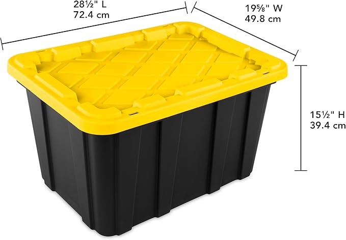 Sterilite 27 Gal Industrial Tote, Stackable Storage Bin with Snap-Fit Lid for Garage, Basement & Attic Storage, Black Base and Yellow Lily Lid, 6-Pack