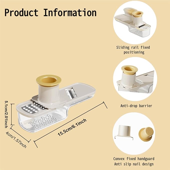 Multifunctional Garlic Grinder, 3 in 1 Mini Garlic Slicer Super Thin with Hand Guard, Vegetable Garlics Ginger Grind, Slice and Shred Mandoline Cutter with Container for Kitchen Tool (White)