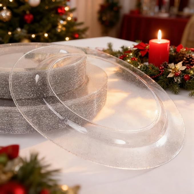 WDF 120PCS Silver Plastic Plates- Disposable Silver Glitter Plates, Premium Heavy Duty 60-10.25" Dinner Plates and 60-7.5" Salad Plates for Christmas Parties &Wedding