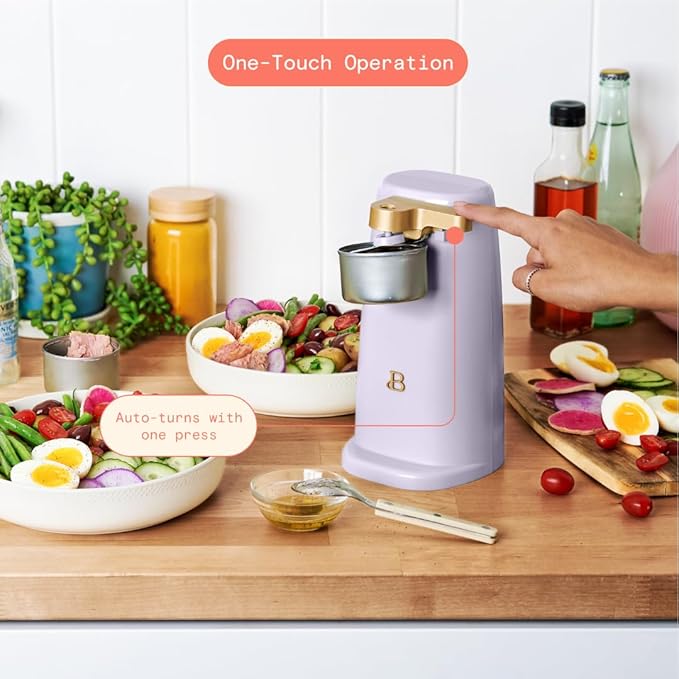 Beautiful Electric Can Opener with Auto-Turn, Magnetic Lid Holder, Knife Sharpener, Bottle Opener, Removable Lever, Cord Storage, No-Tilt Base, Stainless Steel Blade, 70W (Lavender)