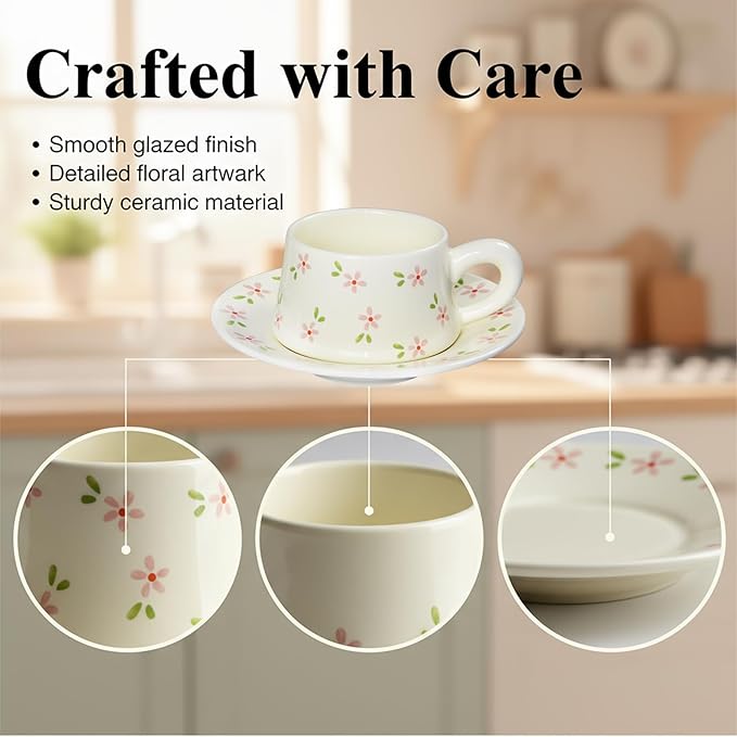 Tea Cup and Saucers, 9.5 oz Floral Tea Cups, Porcelain Teacup, Coffee Cappuccino Espresso Latte Mugs, Floral Design for Party Birthday Cafe Home, Christmas Gifting, flowers Set of 2