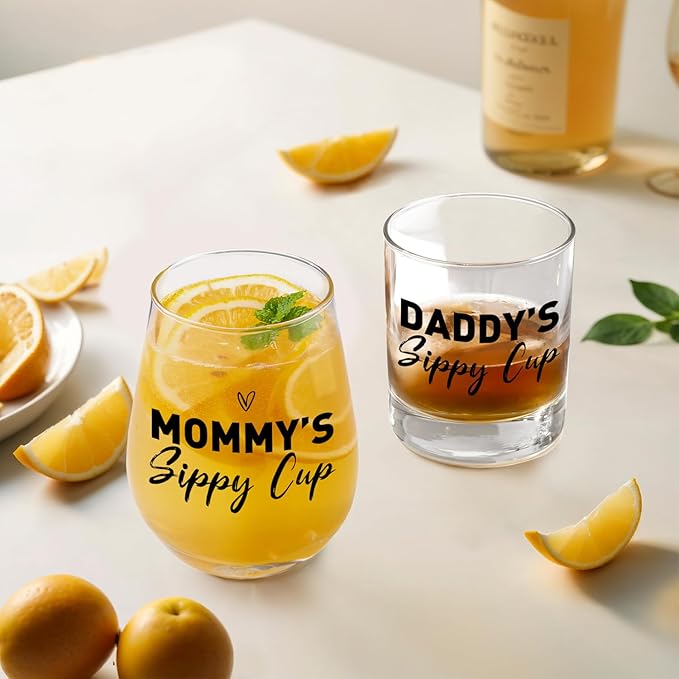Mommy Daddy's Sippy Glass Cup for New Mom, Dad, Funny unique Gifts for Parents, Stemless Wine Glass and Whiskey Glass Gifts for Couples,Parents,Women,Men,Mom,Dad
