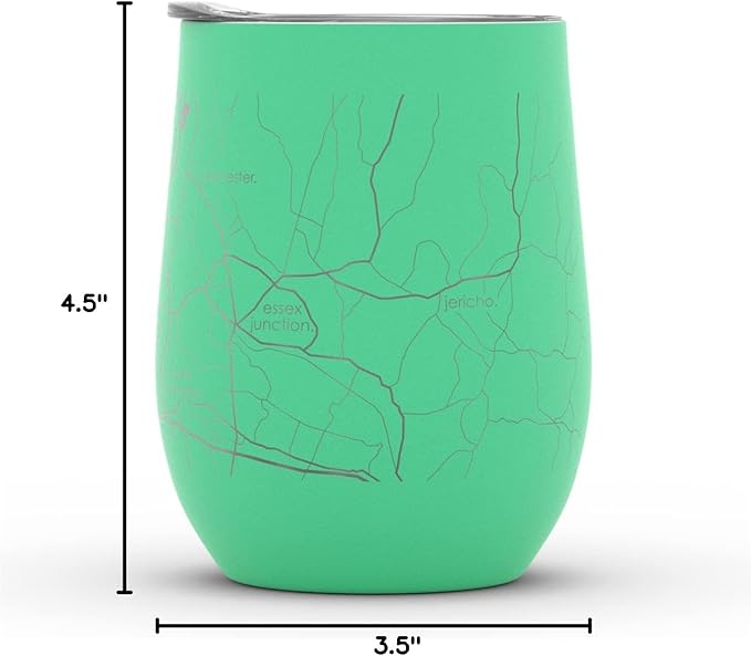 Well Told Engraved Burlington Vermont Map Insulated Wine Tumbler, Etched Stainless Steel Cup (12 oz, Sunday Green) City Map Insulated Tumbler, Custom Insulated Tumbler, Outdoor Drinkware