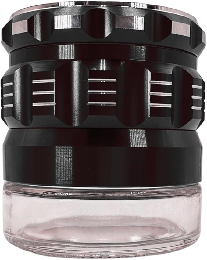 Spice Grinder. 2.5 inch herb grinder with jar attached. Jar offers a larger storage capacity. Aluminum alloy top and teeth with glass bottom.
