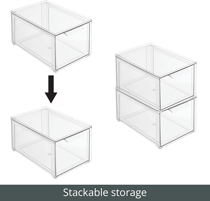 mDesign Plastic Stackable Bathroom Storage with Pull Out Bin Organizer Drawer for Cabinet, Vanity, Shelf, Cupboard, Cabinet, or Closet Organization - Lumiere Collection - 2 Pack - Clear