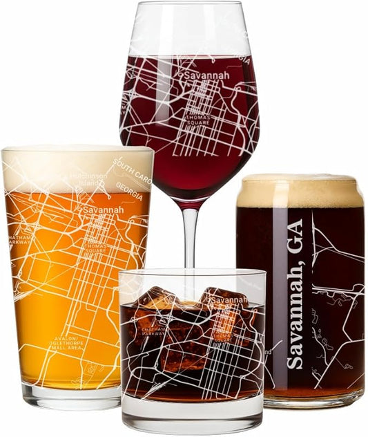 Blue Ridge Mountain Gifts - Savannah Souvenir - Georgia Glassware Gift, Etched City Map, Laser Engraved and Dishwasher Safe