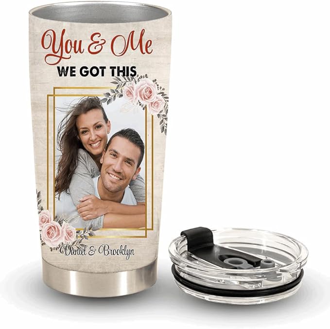 We’re a Team Forever & Always – Personalized Photo 20oz Stainless Steel Insulated Tumbler – Custom Couples Gift (Flower)