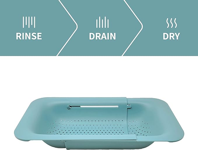 Makerstep Over the Sink Colander Strainer Basket - Expandable, Wash, Drain, and Dry. - New Home Kitchen Essentials, Multifunctional Kitchen Gadgets, Green 14.25x8