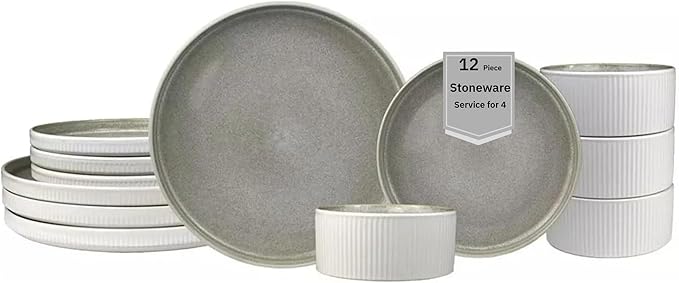 Sango 12 Pieces Stoneware Fluted Dinnerware Set, Modern Cream Dishes for 4, Premium Serving Plates and Bowls Sets, Chip & Scratch Resistant, Ceramic Kitchen Dish, Microwave & Dishwasher Safe, Anderson