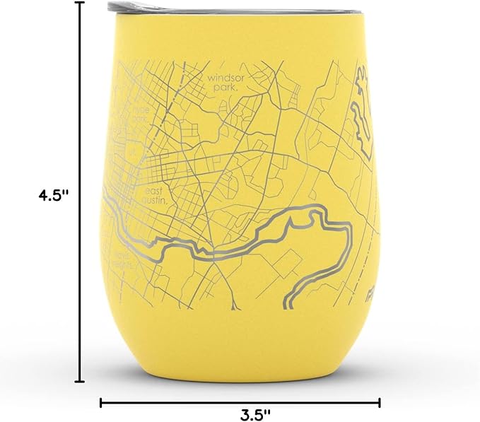 Well Told Engraved Austin Texas Map Insulated Wine Tumbler, Etched Stainless Steel Cup (12 oz, Sunrise Yellow) City Map Insulated Tumbler, Custom Insulated Tumbler, Outdoor Drinkware